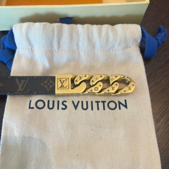 Louis Vuitton gold chain links bracelet w/monogram leather band - Picture 8 of 9